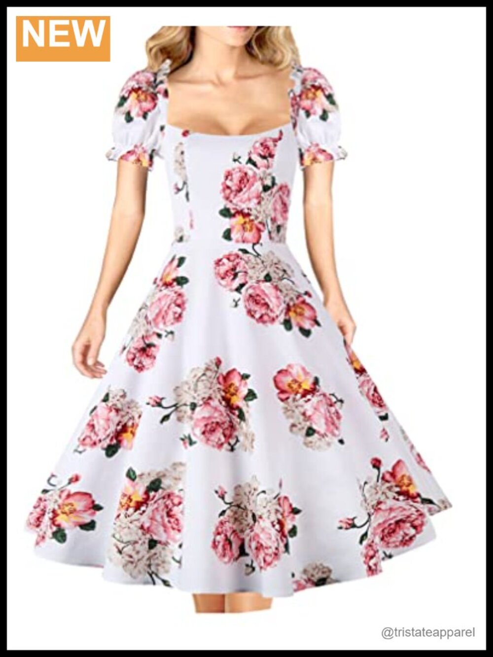 Puff Sleeve 1950s Party Dress Square Neck A-Line Pockets